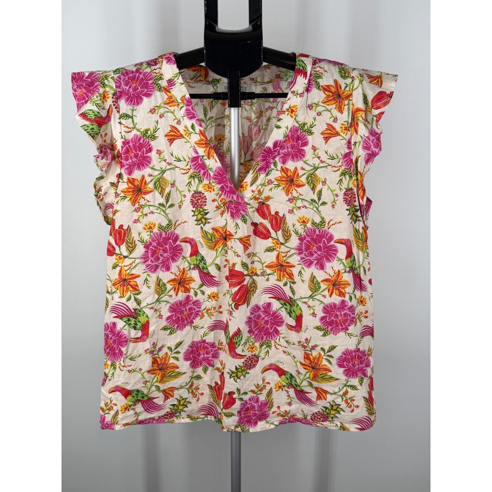 Rachel Zoe Tropical Parrot‎ Floral Linen Blend V-Neck Flutter Sleeve Top Small